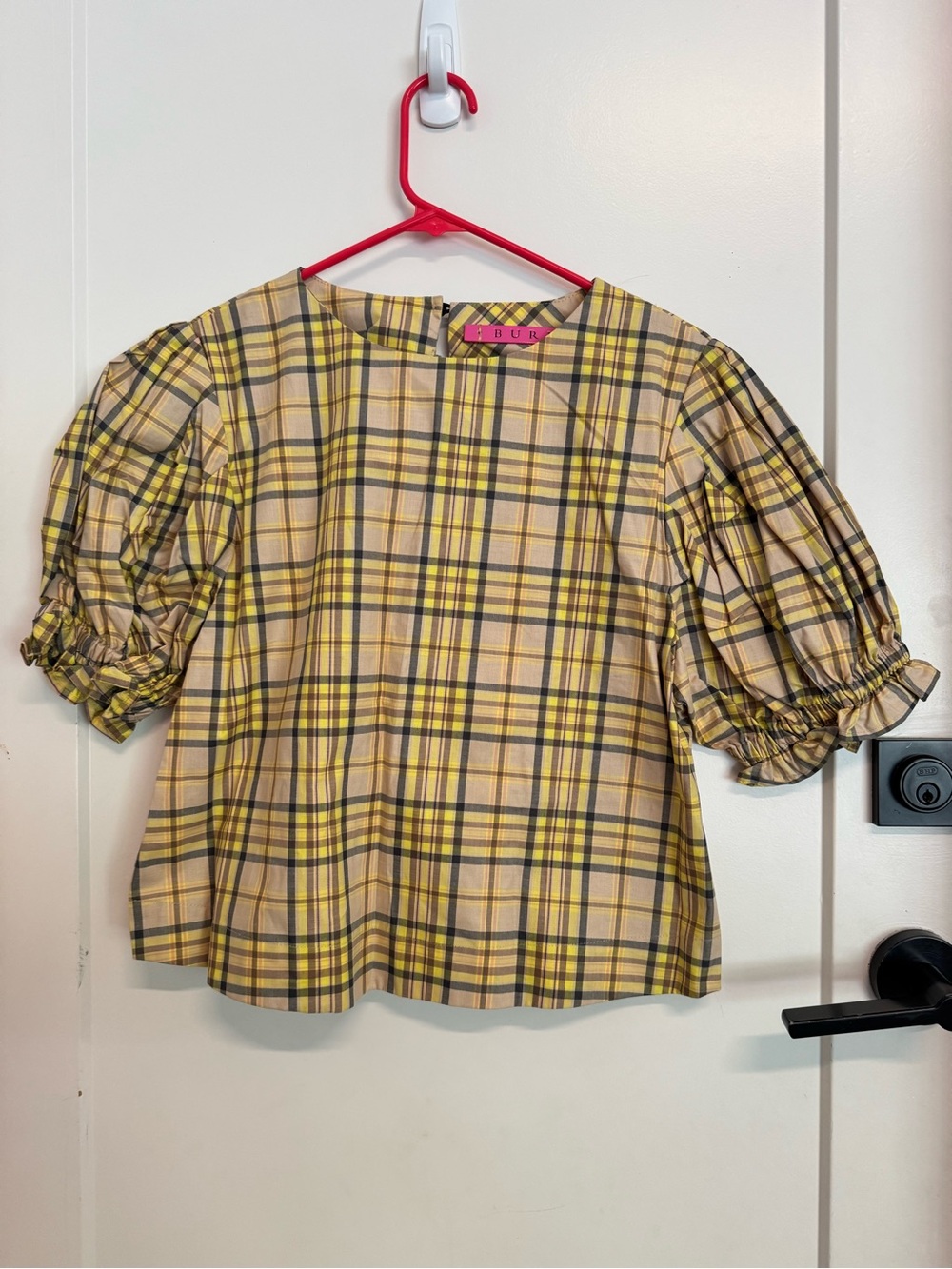 Buru Yellow Plaid Puff-Sleeve Blouse, S